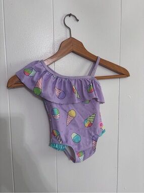 Ruffle Butts Lavender One-Shoulder Ice Cream Print Swimsuit with Teal Trim